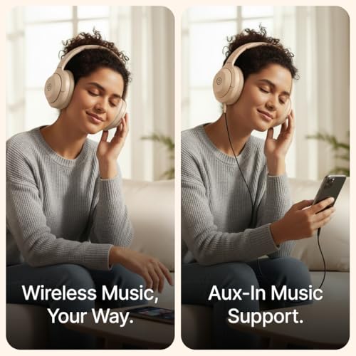 Image of pTron Studio Classic w / 75Hrs Playtime, Wireless Over Ear Headphones w /HD Mic, Dual Device Pairing, TruTalk AI-ENC Calls, Low-Latency Game & Music, Deep Bass, BT5.4 & Type-C Charging (Beige)