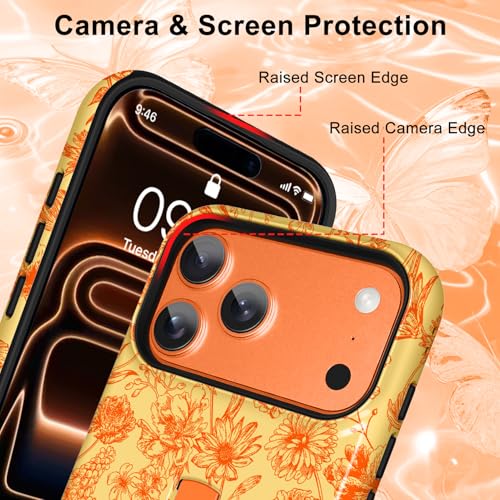 Image of Magnetic for iPhone 17 Pro Case with Finger Strap Kickstand [Compatible with Magsafe] Cute Flower Floral Pattern Design, Dual-Layer Shockproof Protective Cover for Women Men, Orange