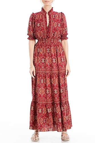 Max Studio Women's Elbow Length Sleeve Print Tiered Maxi Dress,  Rosewood/Cerise New Floral Paisley Band, Large at Amazon Women's Clothing  store
