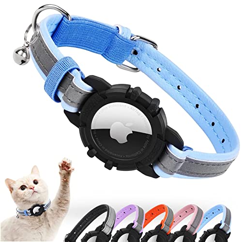Reflective Airtag Cat Collar, Feeyar Integrated Air Tag Cat Collar For Apple, Leather Gps Cat Collar With Airtag Holder And Bell [Blue], Tracker Cat Collars For Girl Boy Cats, Kittens And Puppies #TOP5
