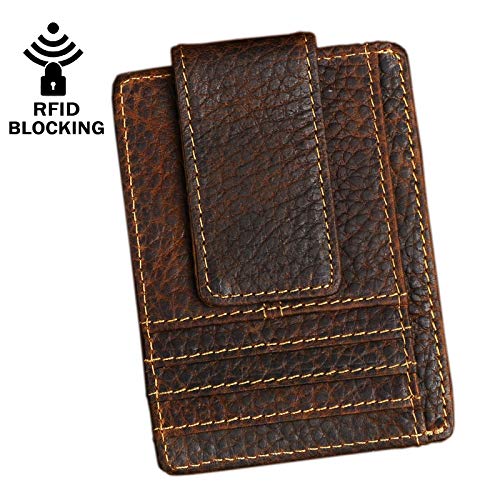Image of Le'aokuu Genuine Leather Magnet Money Clip Credit Card Case Holder Slim Wallet
