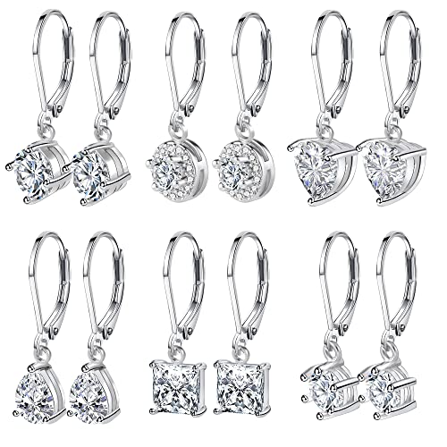 6 Pairs Cubic Zirconia Earrings Dangle for Women Leverback Drop Earrings Hypoallergenic Silver Dangling Earing Set