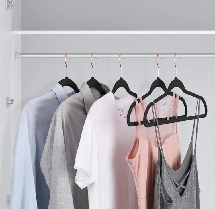Black Velvet Felt Non Slip Clothes Hangers 50 Pack - Ultra Slim & Space Saving - Heavy Duty Swivel Black Hook for Clothing, Suit, Top, Tie, Shirt, Skirt & Pant Organization