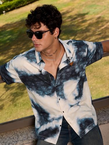 Image of The Souled Store Superman: Tie-Dye Men and Boys Short Sleeve Spread Collar Off White and Blue Tie Dye Casual Lightweight Drop Shoulder Streetwear Trendy Cotton Oversized Shirt