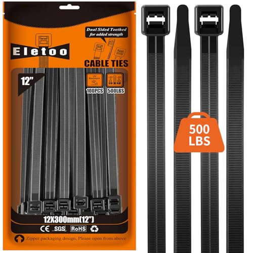 Eletoo 12 inch Black Large Zip Ties Heavy Duty (100 Pack), 2025 New Patented Design, 500LBS Ultra Strong Tensile Strength, Self-Locking Nylon PA66 UV Resistant Cable Ties for Indoor and Outdoor Use