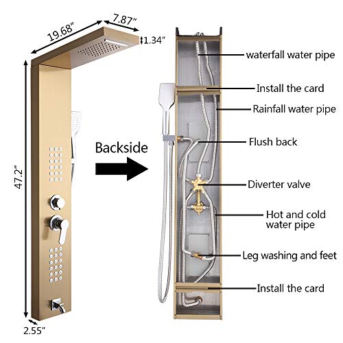 Shower Panel Tower System,Stainless Steel Rainfall Multi-Function Column Wall Mount Shower Fixtures, Waterfall, Rainfall, Hand Shower, Body Jets Massage, Bathtub Spout,Golden (48 Inch) - Thumbnail 5