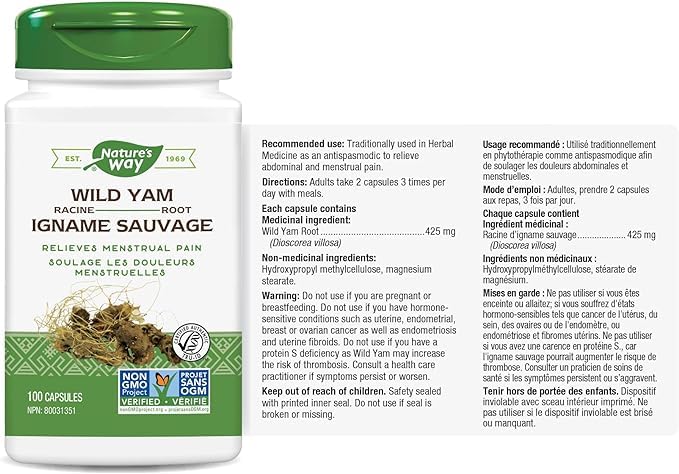 Nature's Way Wild Yam Root Capsules - Relieve Abdominal and Menstrual Pain Relief – Women’s Health - Premium Herbal Supplement - Non-GMO - 100 Vegetarian Capsules - Image 3