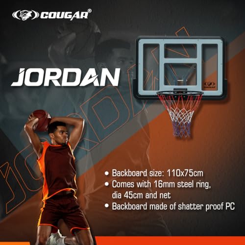 Image of COUGAR Jordan Basketball Backboard 110x75 cm | Wall Mount Shatterproof Acrylic Board with 16mm Steel Ring 45 cm Dia and Net for Outdoor Court Practice and Home Use