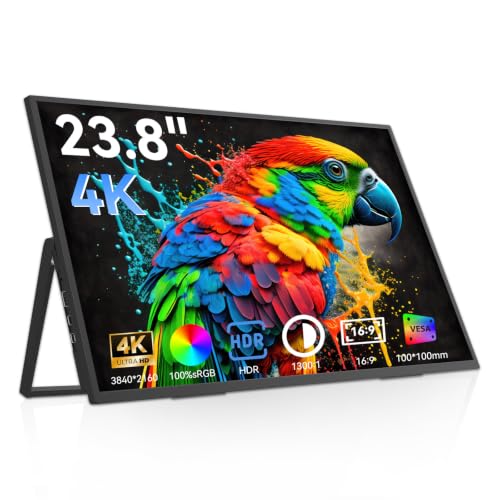 Image of 23.8 inch 4K Portable Monitor, 3840x2160 UHD 60Hz Travel Gaming Monitor Large Screen IPS Display with 100% sRGB, Built-in Speakers, VESA Mount, USB-C & HDMI,Compatible with Laptop PC Game Console