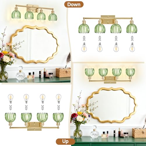 Image of 4 Light Vanity Lights for Bathroom, 27.2 in Brushed Brass Gold Bathroom Vanity Lights Over Mirror,Wall-Mounted Bath Room Lighting Fixtures with Green Tulip Glass Shade for Bedroom Living Room