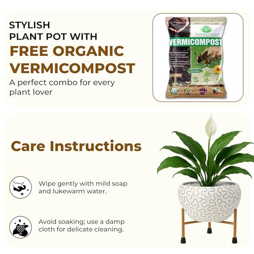 Image of Natural Earth Metal Flower Vase Planter Pot with Iron Stand | Decorative Plant Cachepot for Indoor & Outdoor Use | Succulent Pot for Home & Garden Decor (White Golden Wave)