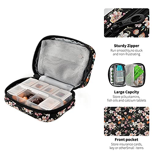 Black Background Pink Lily Pill Case Bag With Zipper Weekly Pill Organizer Pill Box Bag Organizer For Travel Business Hotel Family Camping Home Storage #TOP3