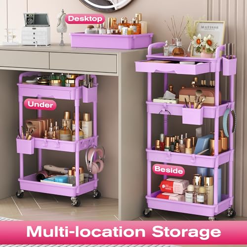 Image of Goovilla Rolling Makeup Organizer Cart with Removable Drawer, 4 Tier Stable Purple Floor Skincare Storage Cart for Vanity, Cosmetic Display, Nail Polish, Perfume, Hair Stuff, Beauty, Bathroom(Plastic)
