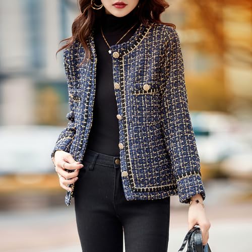 chouyatou Women’s Fall Elegant Business Casual Plaid Tweed Blazer Jacket Open Front Dressy Tweed Suit Top2