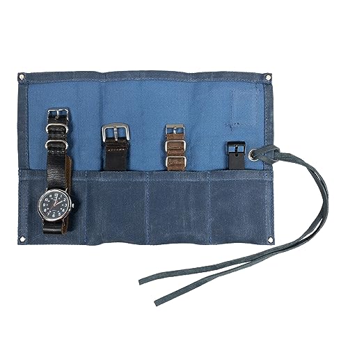 Image of Hide & Drink, Waterproof Waxed Canvas Travel Watch Roll Organizer with 4 Slots, Easy Carry On Watchlover Storage, Handmade Travel Case, Blue Mar