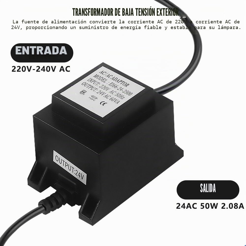 Transformador 220V a 24V, AC/AC 50W, IP68 Impermeable, Fuente Alimentación 24V para Iluminación LED y Bombas de Estanque