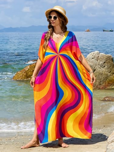 Image of sunforyou Kaftan Dresses for Women Plus Size Lightweight Swimsuit Cover up Batwing Sleeve Print Loungewear Beach Robe