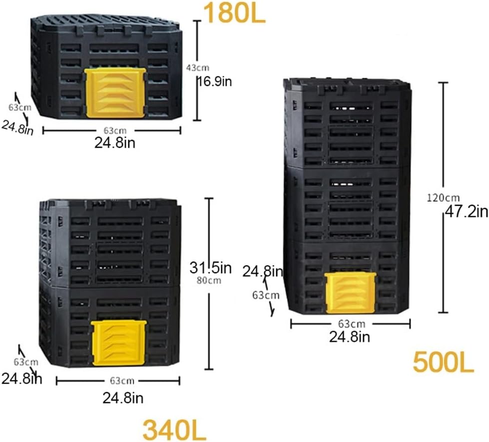 Diagram showing dimensions for 180L, 340L, and 500L compost bins