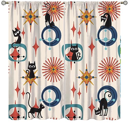 Mid Century Modern Curtain Black Cat Starbursts ?Atomic Stars ?Abstract Geometric Iconic Retro Pattern Cat Animal Printed Curtains for Kids Boys Girls Bedroom Living Room 42x63in