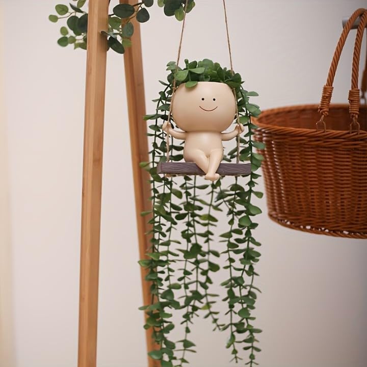 Image of Pottery Swing Hanging Face Planter Pots for Indoor Outdoor Plants, Cute Swinging Flower Pots Succulent Plant's for String of Pearls