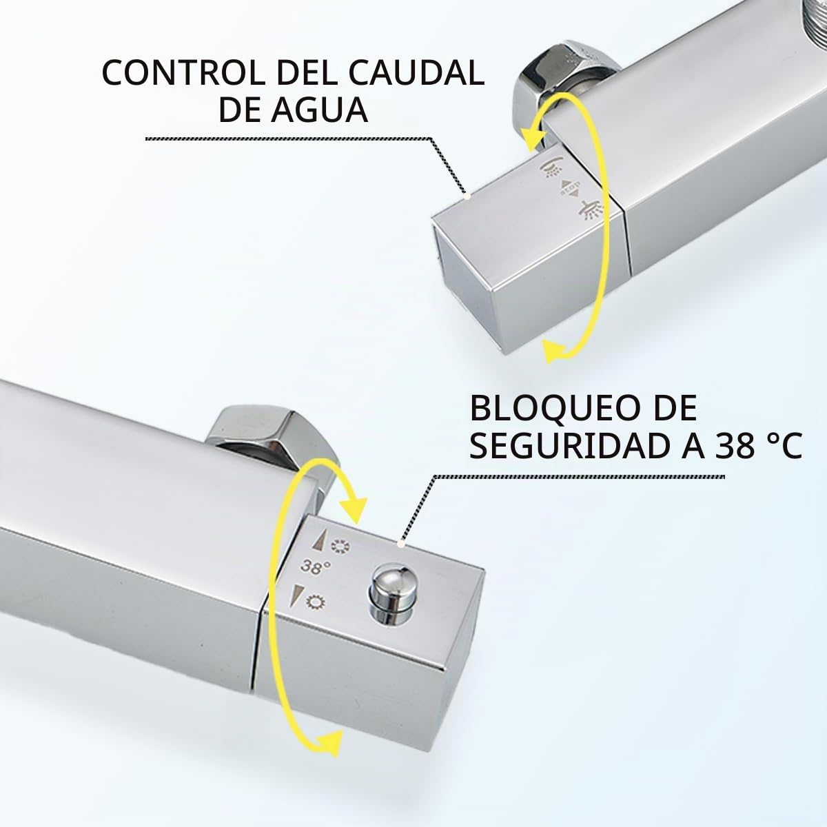 Columna de Ducha Termostática, Conjunto de ducha，Cromo Sistema de ducha Termostática，Cuadrado Ducha de lluvia superior de 8In