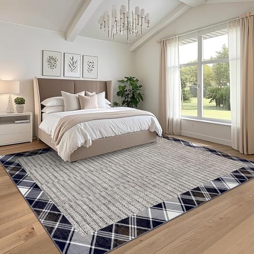 Garvee Extra-Large Machine Washable Area Rugs 10x13 Modern Plaid Bordered Living Room Rug with Anti-Skid Rubber Backing, Non-Shedding Low Pile Indoor