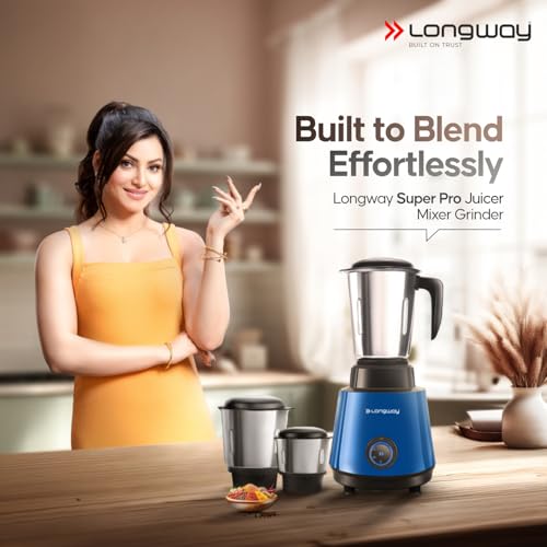 Image of Longway Super Pro Mixer Grinder | 500 Watt Powerful Motor | 3 Jars for Grinding, Mixing, Juicing | 2 Years Warranty (Blue & Black)