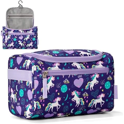 Choco Mocha Kids Unicorn Toiletry Bag for Girls, Travel Waterproof Hanging Toiletry Bag for Girls, Purple Cover
