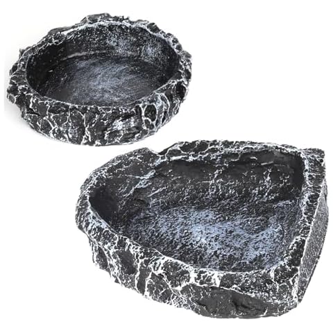 Reptile Water Dish Food Bowl for Bearded Dragon Tank Accessories, Hygger zoo Reptile Rock Feeder for Reptile Tank 2 Pack Corner Resin Terrarium Bowl for Leopard Gecko Hermit Crab Tortoise Snake, Black Cover