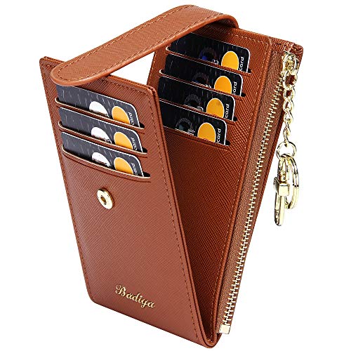Image of Badiya Slim Women Wallet RFID Blocking Bifold Compact 9 Card Slots Holder Wallets Soft Leather with Zipper Coin Pocket 2 ID Window