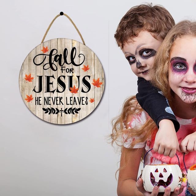 Miniatura 6 de SRongmao Letreros religiosos de madera con texto en inglés "Fall For Jesus He Never Leaves para puerta delantera, porche, casa de campo, coronas de