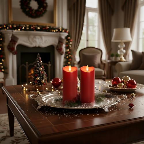 Image of Homemory Burgundy Flameless Candles, Waterproof Flickering Candles, Outdoor Battery Operated LED Pillar Candles with Remote Timer, Electric Fake Plastic Candles, Red, Christmas Decor, 3 inch x 8 inch8 inch