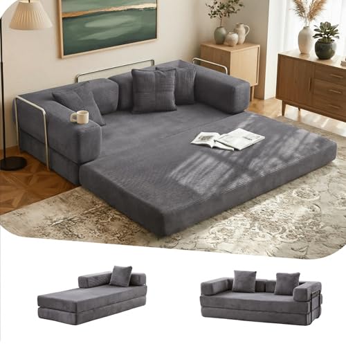 Consejos para Comprar Sofa Cama en L los más solicitados. 44 Sofá Cama Convertible Plegable 4 en 1, sofá de 77 Pulgadas con Cama extraíble, sofá tapizado de Pana Grande, sofá Modular para Sala de Estar, recámara, salón, Gris Oscuro