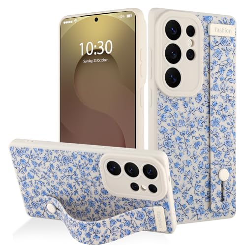 AIGOMARA for Samsung Galaxy S25 Ultra Case with Strap, Blue Flower Design | Cute Colorful Floral Flowers Pattern, Soft Silicone Wristband Kickstand Full Camera Protective Cover for Women Girls