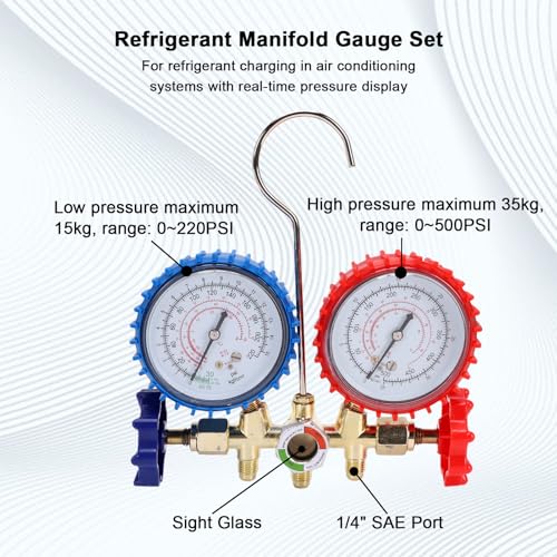 Kit de manómetro AC para automóvil y aire acondicionado doméstico, compatible con refrigerantes R134a, R22, R12 y R502 miniatura 3
