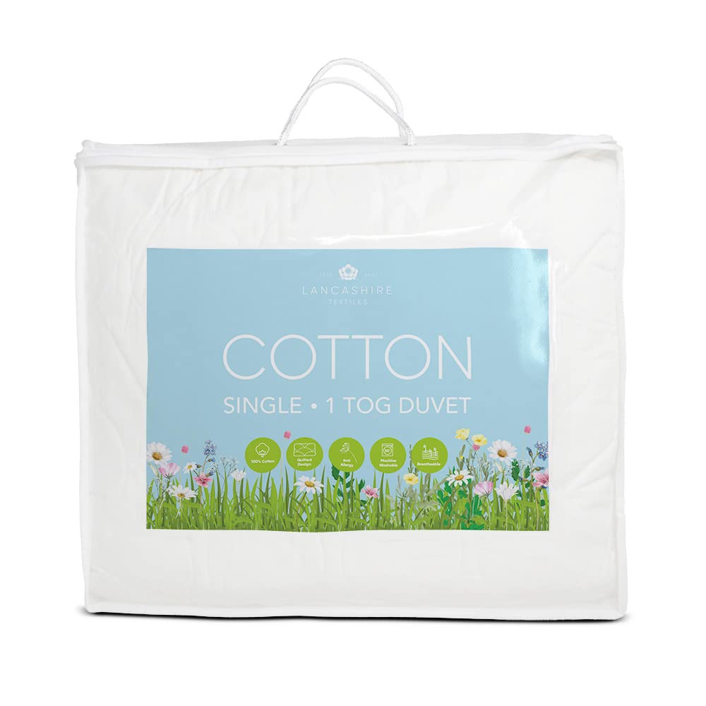 Lancashire Textiles White 1 Tog Pure Cotton Summer Duvet - Hypoallergenic Lightweight Breathable For Hot Sleepers, Single, 135 X 200 Cm 100% Cotton, Allergy-Friendly Bedding
