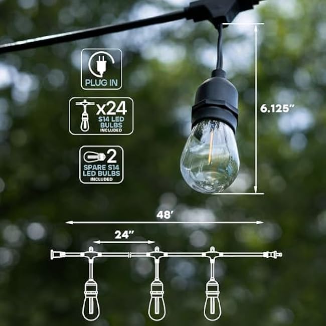 LUXRITE 48FT LED Outdoor String Lights Commercial Grade Waterproof, 24 Edison S14 Shatterproof Bulbs, Hanging Lights for Patio, IP65, Decorative Outside Lights for Backyard Garden Cafe Balcony