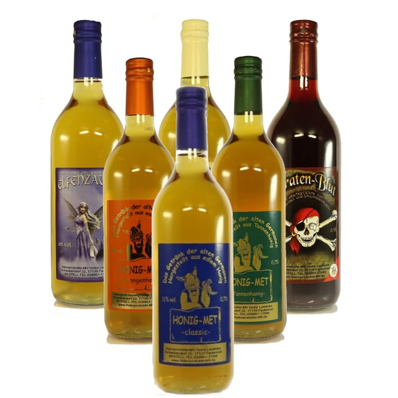 6 Fl. Probierpaket Met/Honigwein Nr. 3: Elfenzauber, Piratenblut, Honigwein Classic, Met Tannenhonig, Orangenhonig, Yukatanhonig