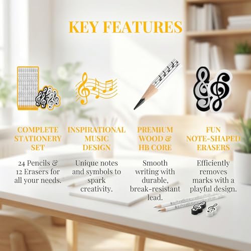 TCETCY 36 Stück Musiknoten Stifte, 24 Bleistifte für Musiknoten + 12 Radiergummis, Stifte mit Musiknoten Bleistift Musik Musikmotiven Bleistifte Holzstifte Für Studenten Klassenzimmer Partygeschenke