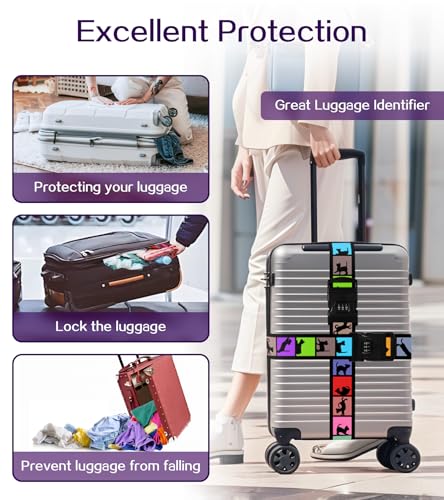 Image of Luggage Straps for Suitcases Travel Belt Luggage Band with Lock Heavy Duty Traveling Luggage Identifier Cat Colorful Cute Women Girls Unique Accesory Personalized