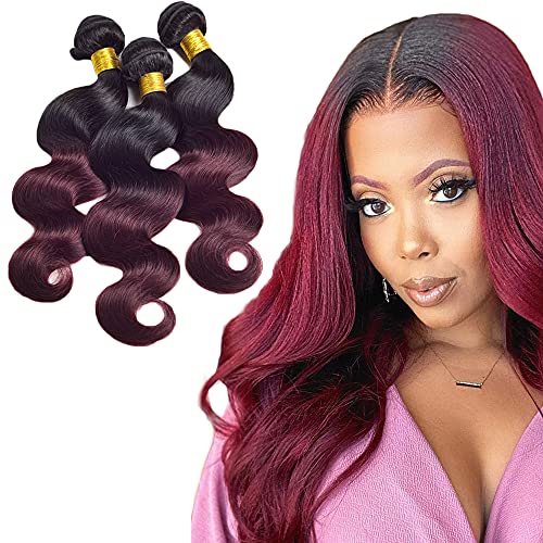 AuokMar Brazilian Virgin Remy Body Wave Red Ombre Human Hair Bundles Two Tone Black To 1b Burgundy With Unprocessed 100% Human Hair Extensions 26 28 30 Inch