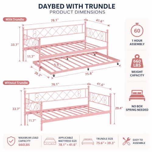 Image of Garvee Twin Trundle Bed,Space Saving Daybed,Metal Sofa Bed for Room