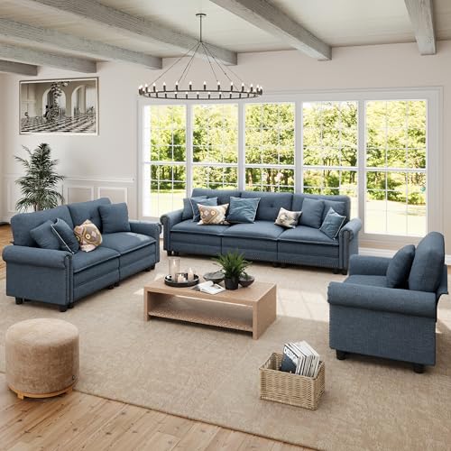 Image of SUNSHINE VALLEY Modular Sectional Sofa Set Living Room 3-Piece Deep Seats | Mid-Century Modern 6-Seater Cloud Couch Set, Cyan, Rolled Arms & Nailhead Trim, Wider & Deeper Seats, Linen Furniture Set