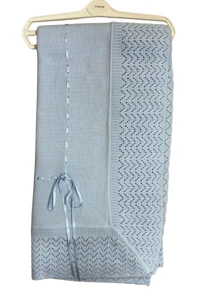 Adorable Baby Blanket Spanish Knitted Shawl with Ribbon: Soft and Stylish Wrap for Your Little One (Baby Blue)