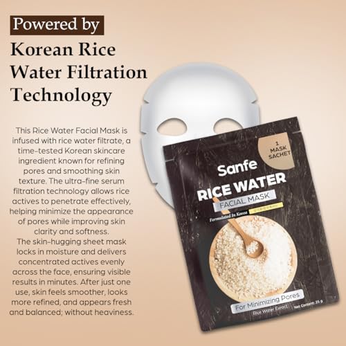 Image of Sanfe Rice Water Facial Mask, Korean Sheet Mask with Rice Water Extract, Minimizes Pores, Refines Skin Texture, Brightening and Hydrating, 25g, 1 Count
