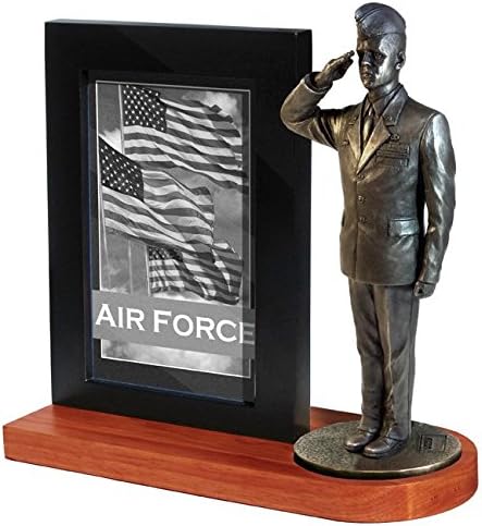 Khaki Army MD109B US Air Force Airman in Service Dress Uniform and Flight Cap Saluting on Black Wood Base with 4x6 Photo Frame