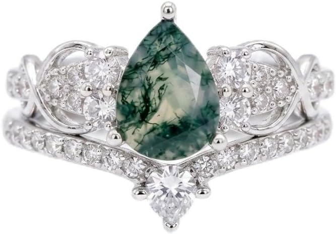 KQ&TTENG Natural Moss Agate Ring Set Moss Agate Moissanite Ring Engagement Rings Jewelry Wedding Gift for Couple Bride Women Ring Size 7-9