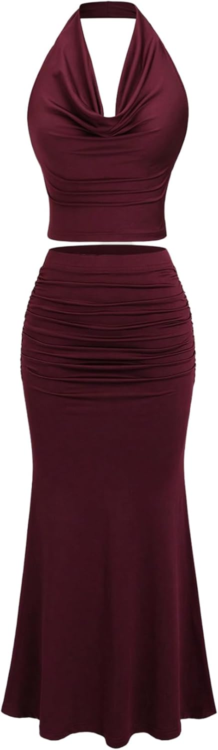 Two piece vacation outfit with halter top and fishtail skirt