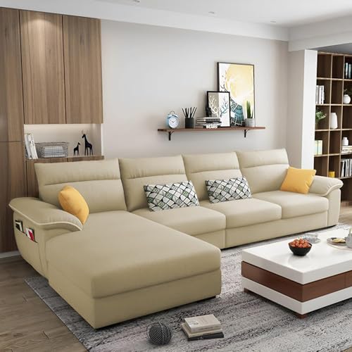 Image of Casaliving Seams LHS 6 Seater L Shape Sofa Set for Living Room (Cream Colour Fabric) Premium Fabric Sofa Set