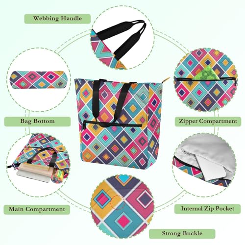 Cute Book Tote Bag for Kids Boys Girls, Geometric Colorful Plaids Lightweight Children Activity Bag Art Tote Bag with Zipper for School and Playtime Rainbow3